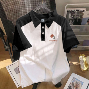 潮牌痞帅插肩半袖 重磅黑白拼接POLO衫 美式 短袖 t恤情侣上衣 男夏季