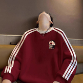 美式 秋冬潮牌加绒加厚高街圆领运动条纹上衣外套 重磅无帽卫衣男款