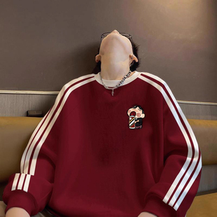 美式 秋冬潮牌加绒加厚高街圆领运动条纹上衣外套 重磅无帽卫衣男款