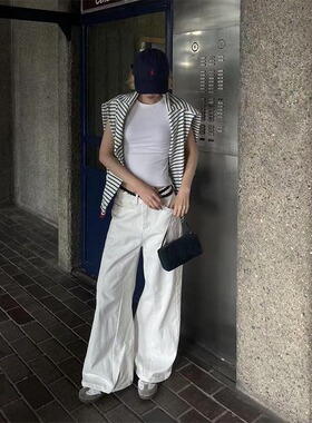 美式极简拼接设计感白色牛仔裤男女夏季新款宽松阔腿Cleanfit裤子