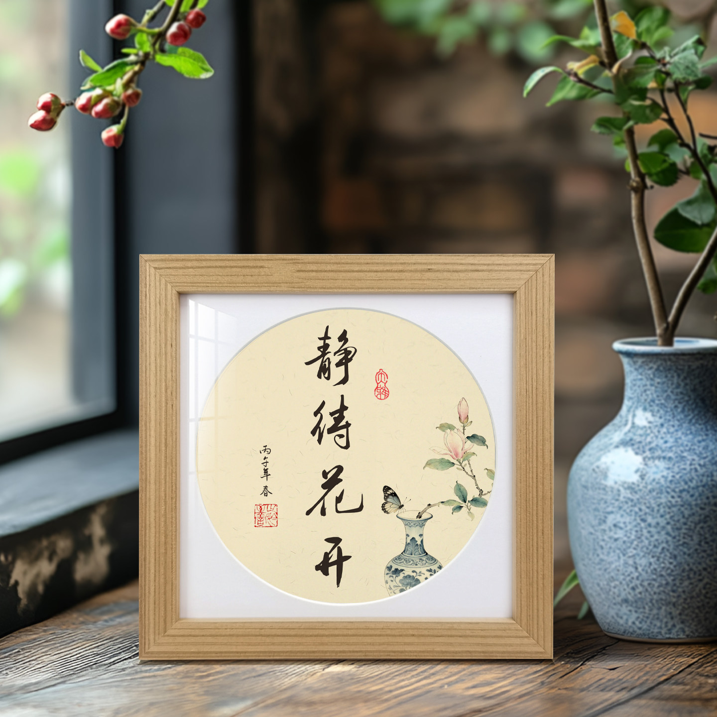 实木相框摆台治愈书法静待花开字书法