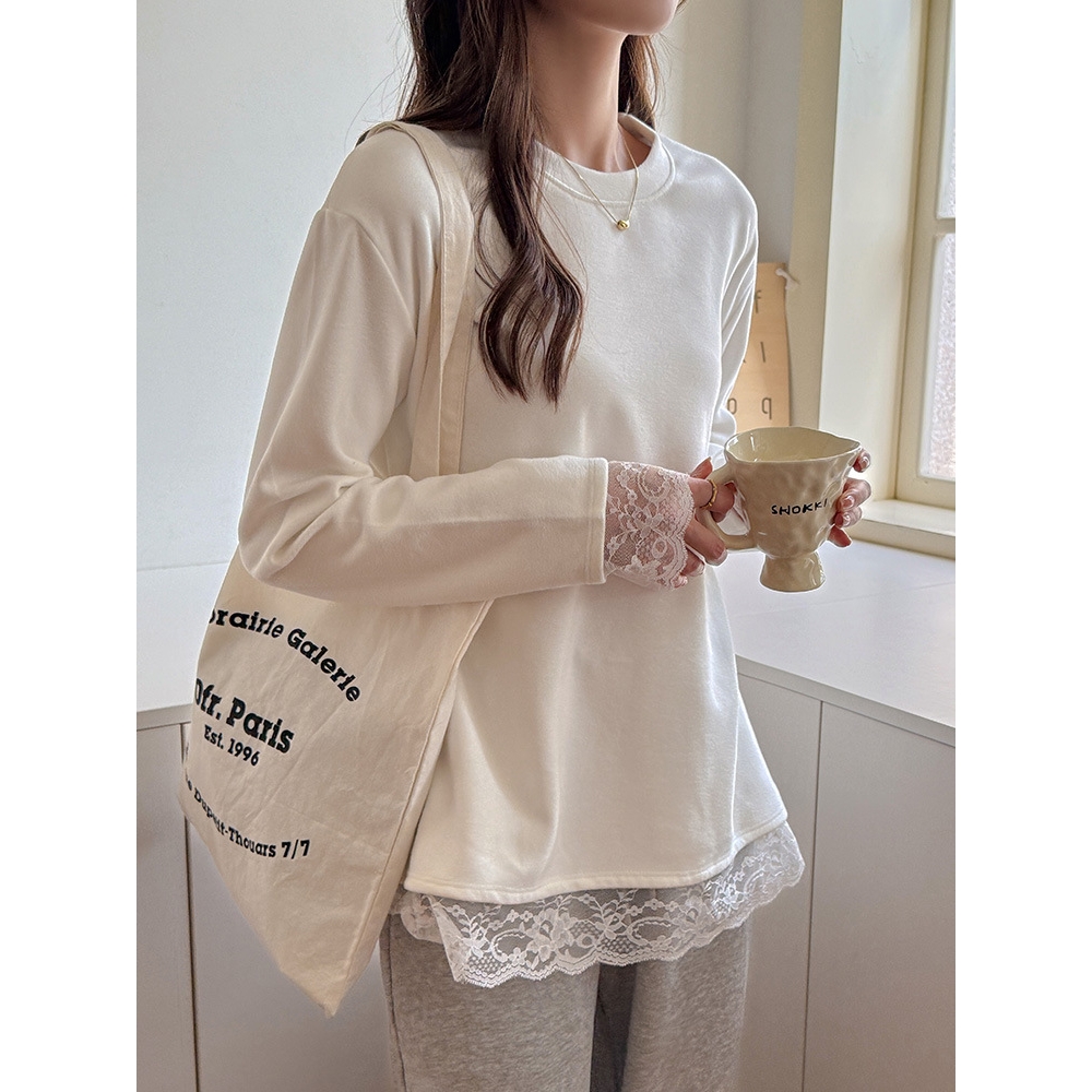 严选白色蕾丝花边长袖t恤女韩版蕾丝拼接纯欲内搭德绒磨毛打底衫