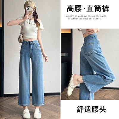 天丝浅蓝色刺绣九分牛仔直筒裤女夏季薄款2025宽松显瘦高腰阔腿裤