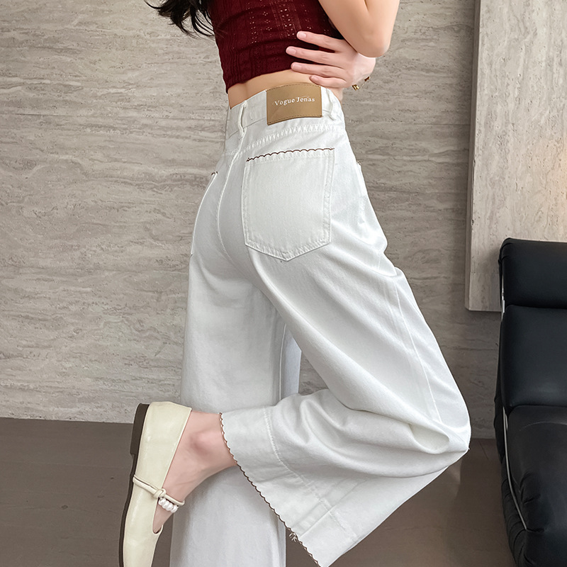 白色阔腿休闲牛仔裤女夏季2025新款高腰宽松显瘦小个子九分直筒裤
