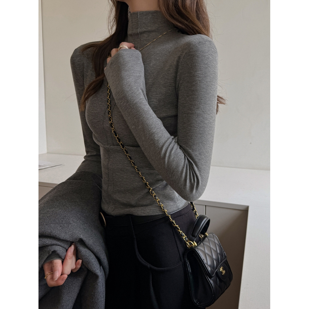 秋冬季半高领灰色高级设计感长袖打底衫女内搭正肩t恤可外穿上衣