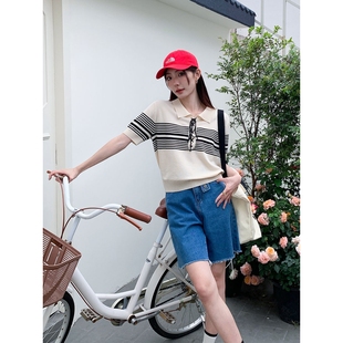 ins小众设计绑带翻领polo衫 条纹正肩针织衫 新款 女短袖 上衣 t恤夏季