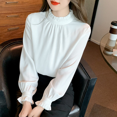 法式优雅2025早春通勤木耳边叠穿长袖衬衫女白色内搭雪纺衫上衣