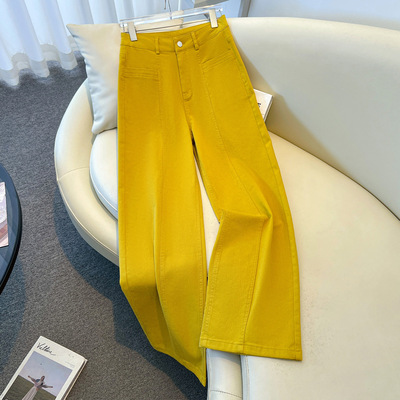 黄色天丝牛仔阔腿裤女2025春秋新款窄版高级感小个子宽松直筒裤子