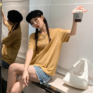 上衣 设计感半排纽扣圆领短袖 t恤打底衫 女夏季 简约百搭套头针织衫