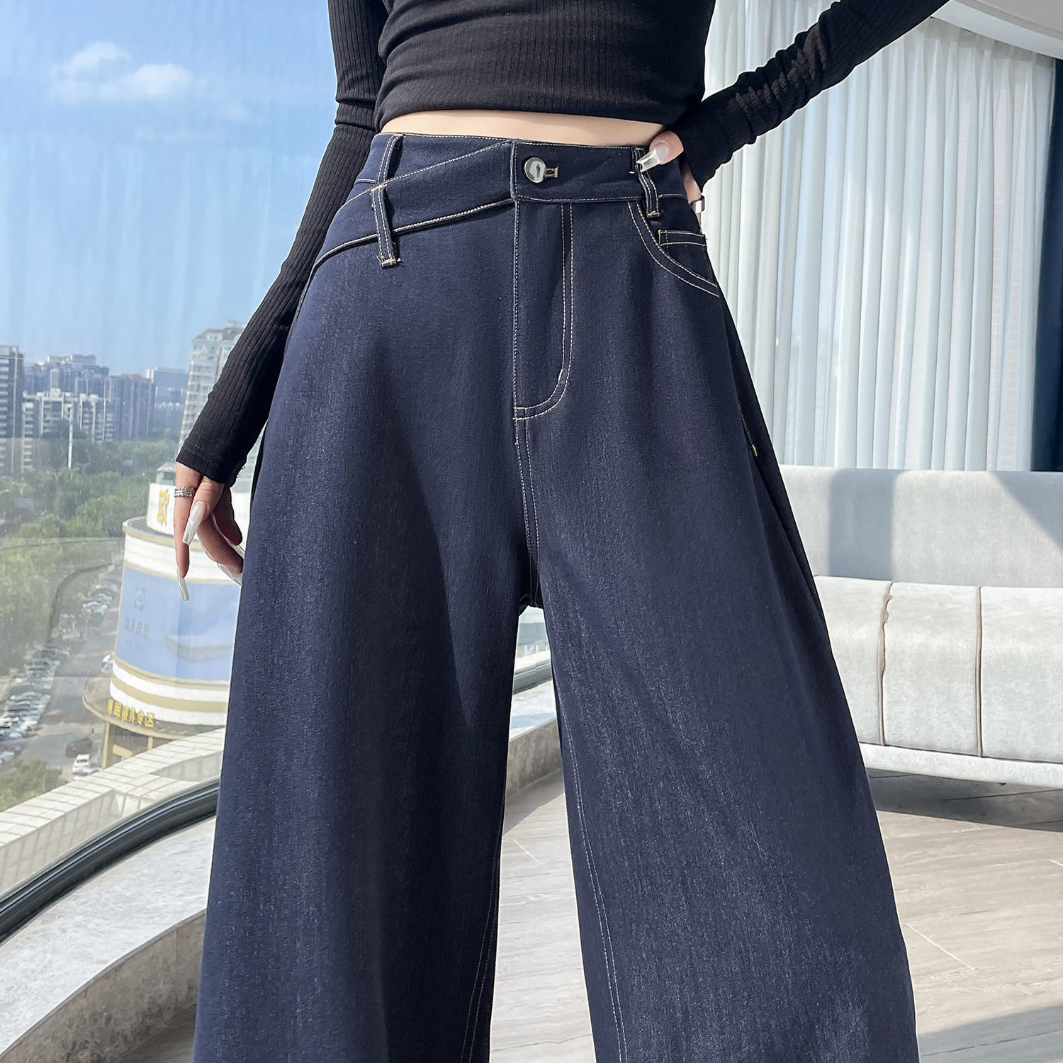 深蓝色牛仔裤女秋冬季新款宽松阔腿裤高腰垂感显瘦休闲西装直筒裤