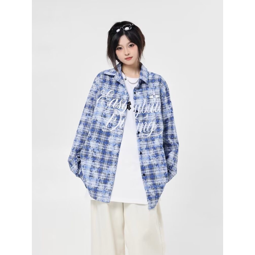 2024新款美式街潮字母刺绣格子衬衫春秋季学生感小众蓝色上衣外套