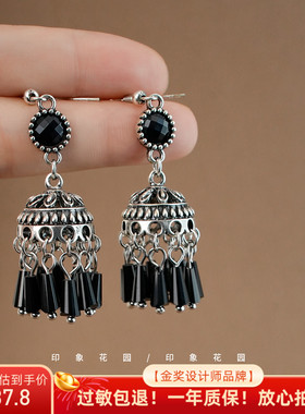 印象花园 新中式黑色流苏古风耳环高级感灯笼耳钉复古民族风A735
