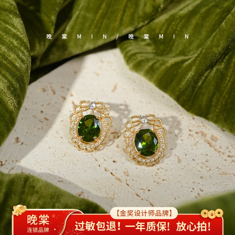 晚棠MIN【南法假日】浮光绿宫廷风中古复古蕾丝蝴蝶结耳环A0618