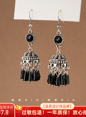 晚棠MIN 新中式黑色流苏古风耳环高级感灯笼耳钉复古民族风A735