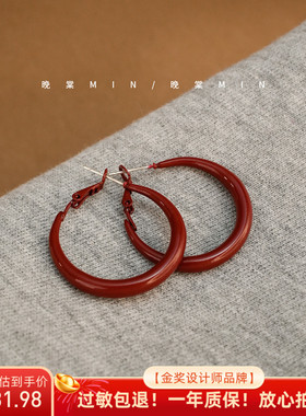 晚棠MIN 浓郁的复古红 复古港风显脸小的法式酒红色耳环耳圈A447