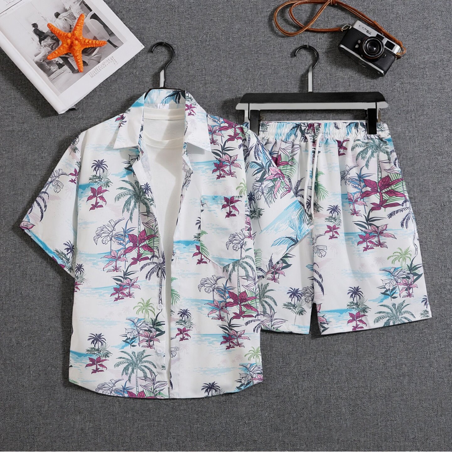 夏季短袖套装花衬衫+短裤沙滩度假风泰国夏威夷男女情侣装泼水节