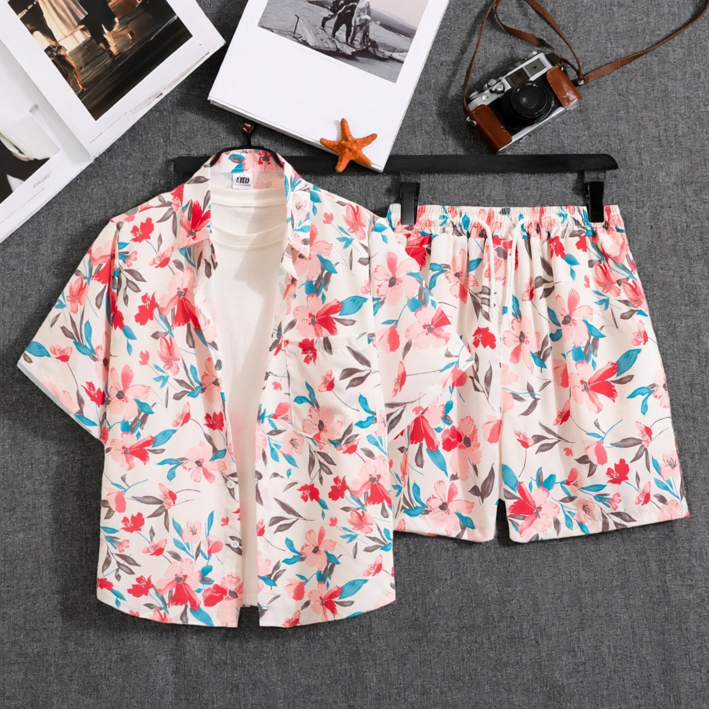 夏季情侣宽松大码植物衬衫套装