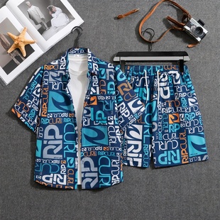 宽松休闲五分裤 夏威夷花衬衫 三亚旅游男女情侣大码 夏薄款 沙滩套装