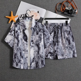 沙滩短裤 夏威夷花衬衫 潮牌宽松大码 男夏季 一套搭配痞帅两件套 套装
