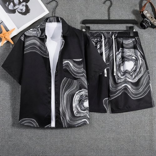 夏威夷沙滩花衬衫短袖套装男士宽松大码港风复古冰丝衬衣外套情侣