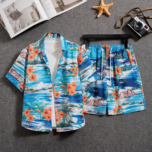 夏威夷沙滩男士宽松大码套装