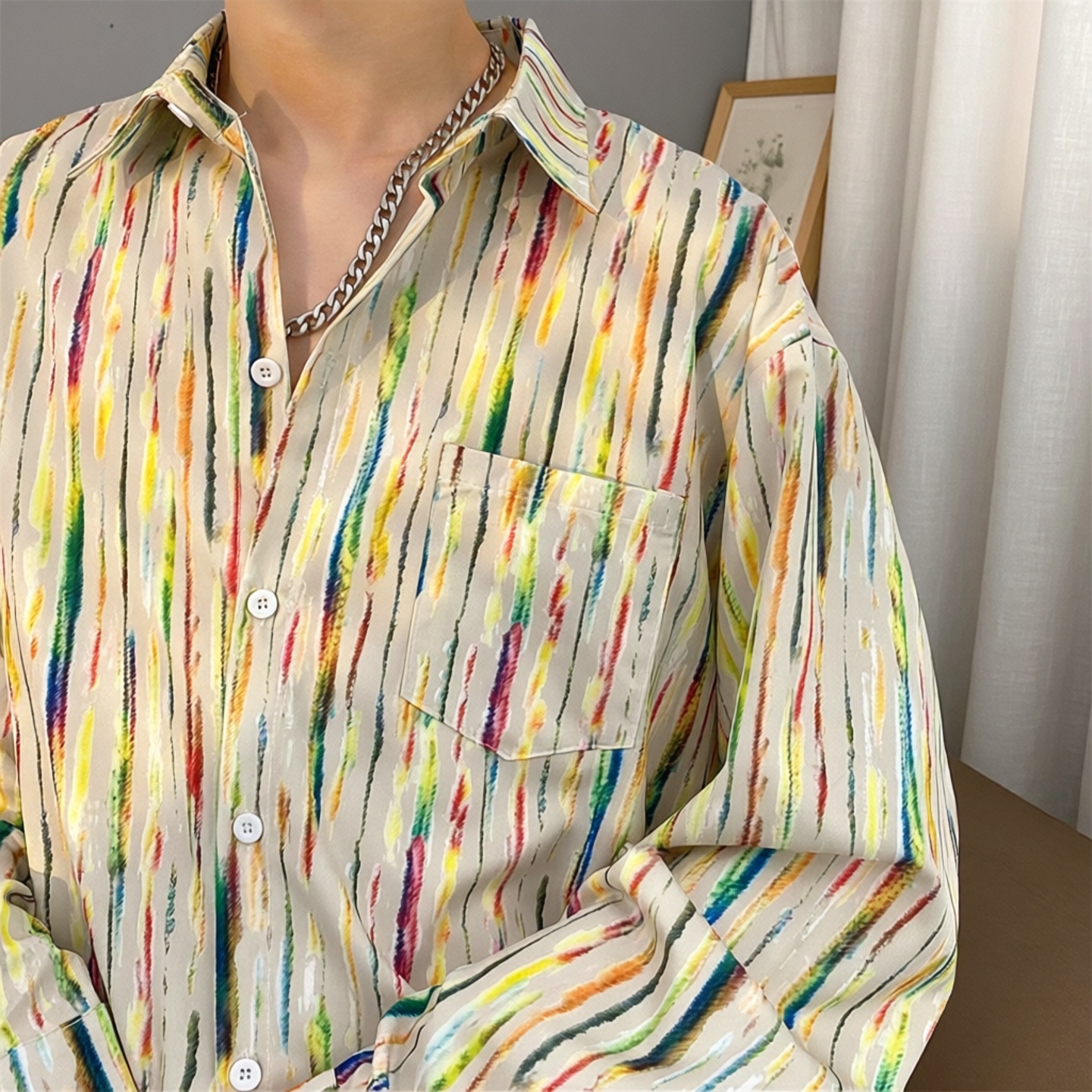 春秋季男士宽松休闲衬衫复古印花长袖衬衣港风情侣百搭花衬衫外套