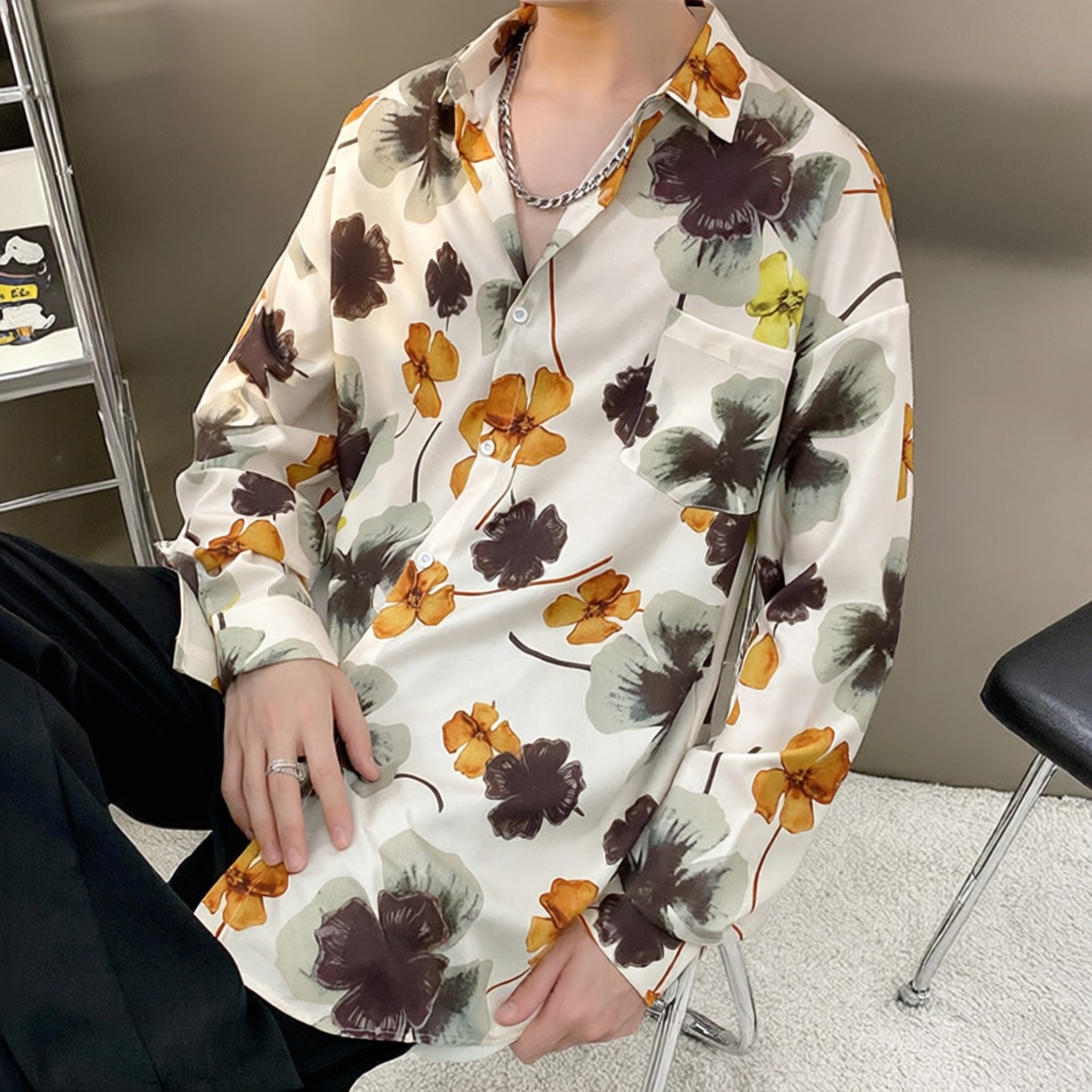 男港风薄款高级感印花长袖衬衫