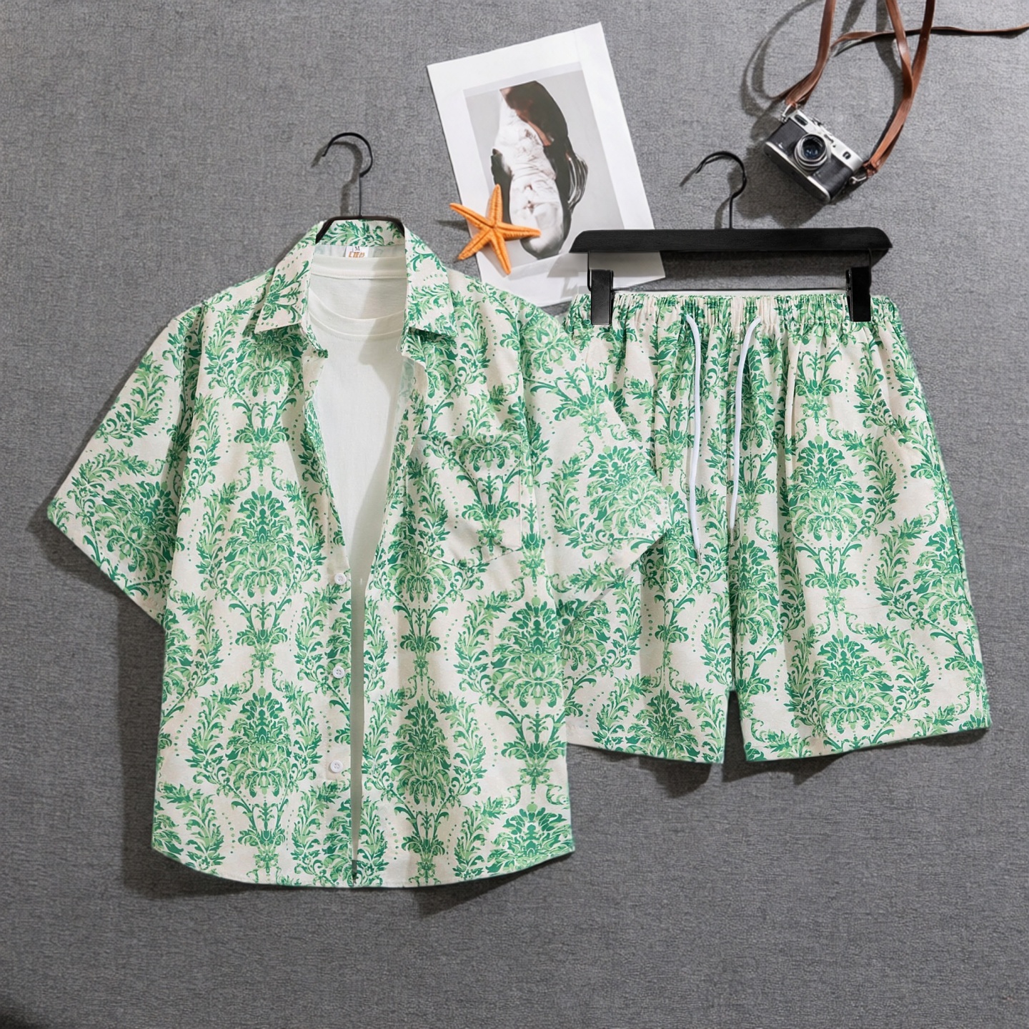 男士夏季沙滩度假印花短袖套装