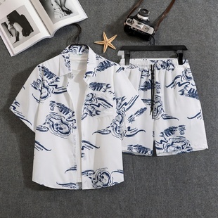 潮牌休闲运动夏威夷情侣海边短裤 男花衬衫 度假两件套 沙滩套装 夏季