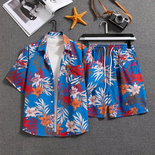 港风夏威夷花短袖衬衫短裤套装