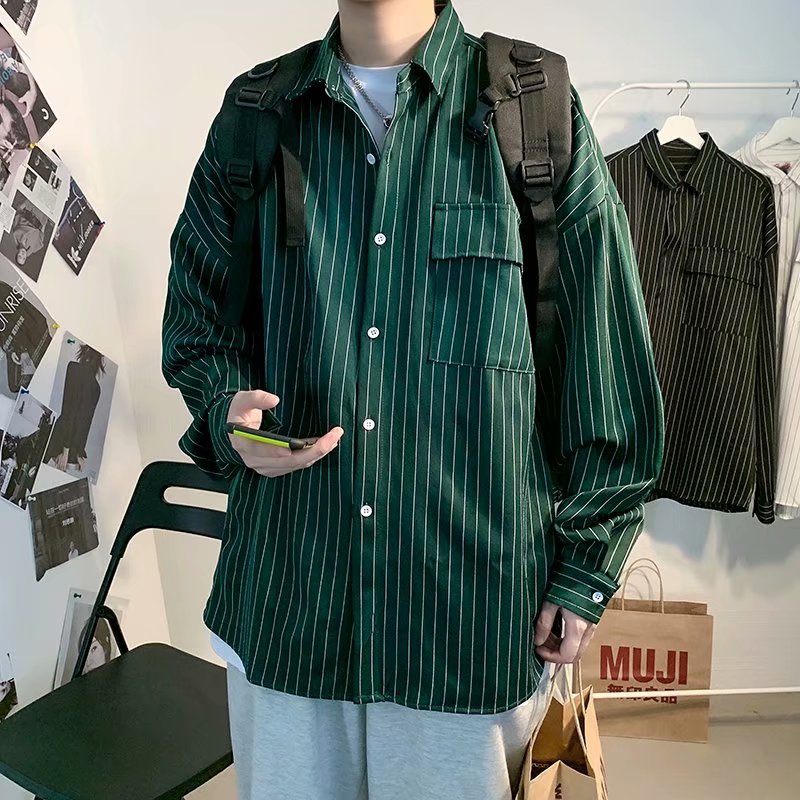 宽松港风日系潮流百痞条纹衬衫