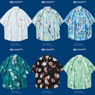 花衬衫男短袖夏季痞帅夏威夷薄款衬衣发型师高级感复古沙滩寸衫潮