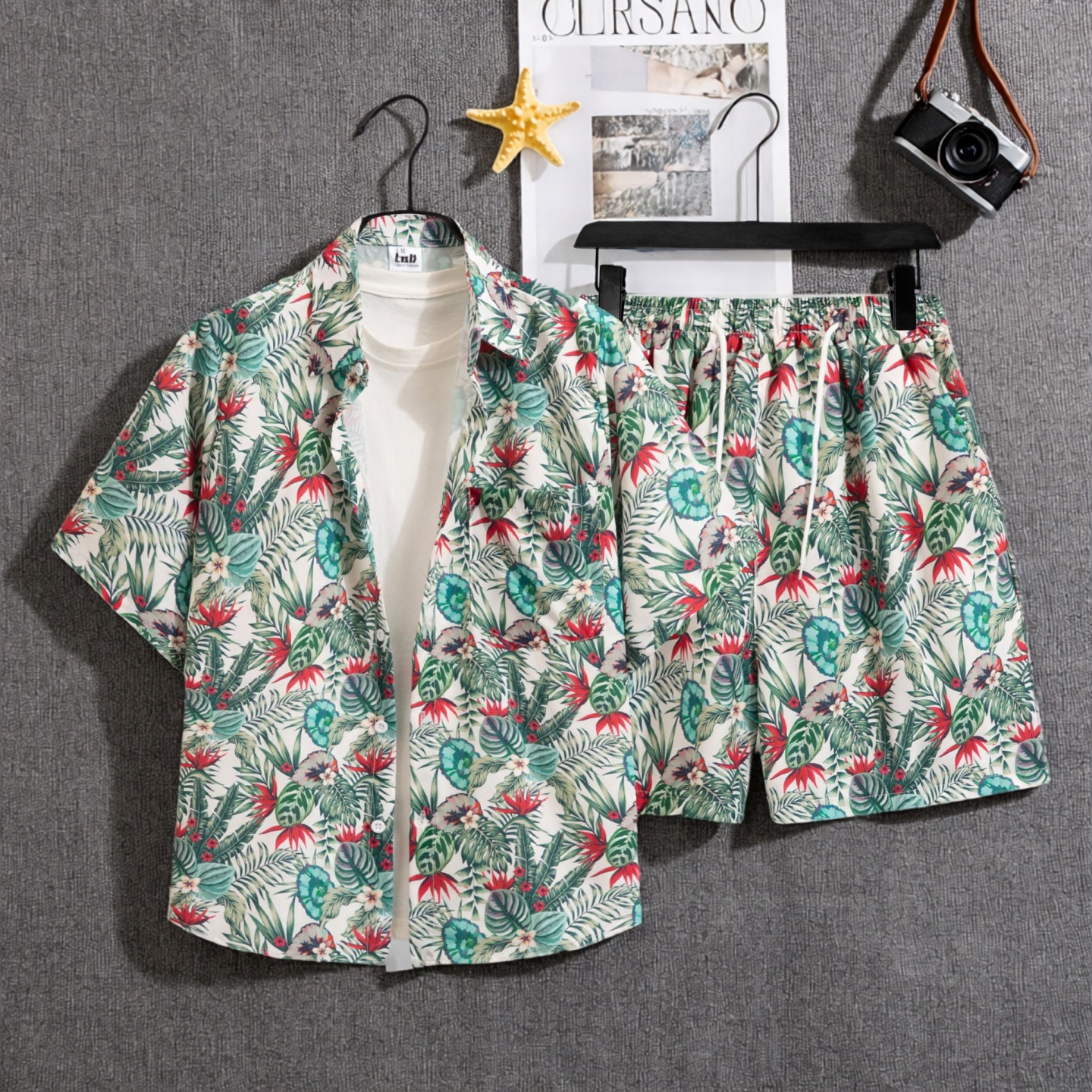 港风夏威夷印花短袖度假两件套