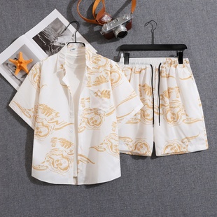 潮牌休闲运动夏威夷情侣海边短裤 男花衬衫 度假两件套 沙滩套装 夏季