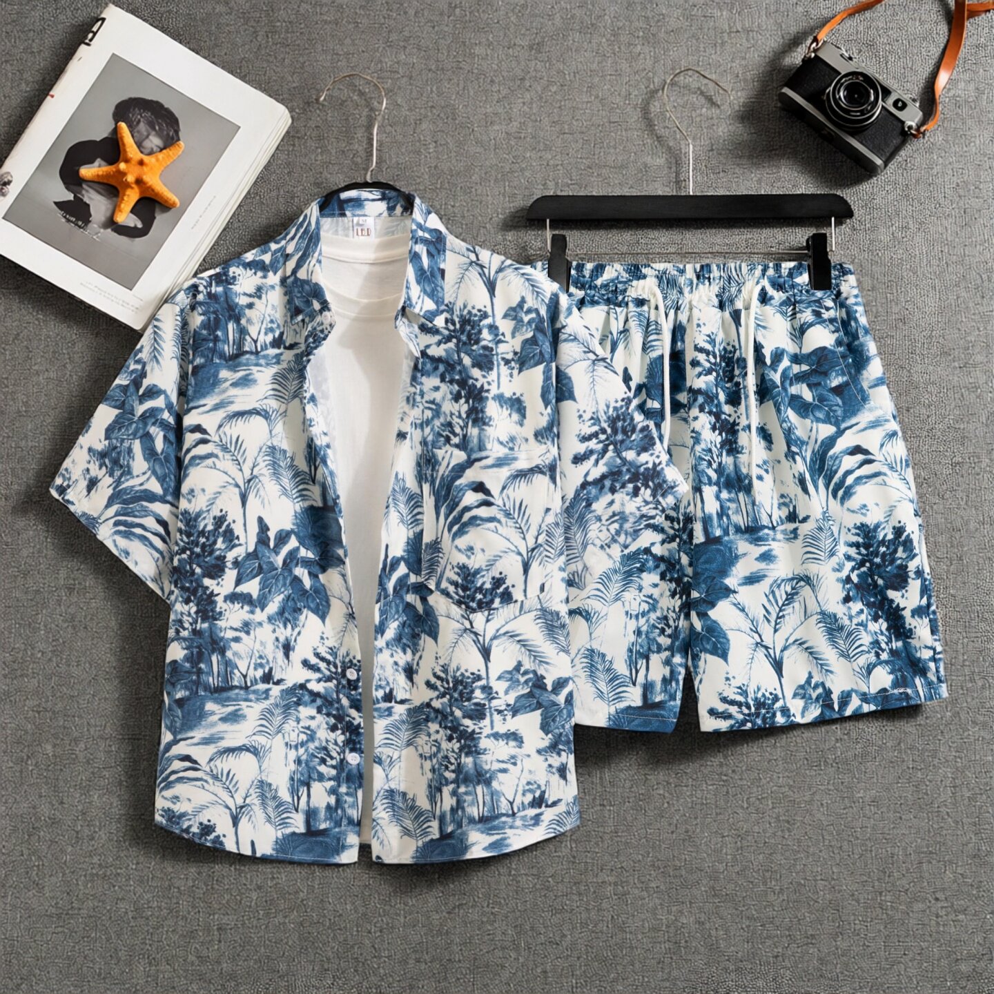 夏威夷风情侣度假套装海南岛服男沙滩衬衫印花五分裤大码薄款套装