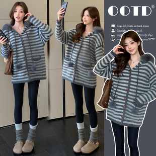 宽松百搭针织衫 外套女2025秋冬新款 狐狸毛条纹毛衣开衫 孕妇装