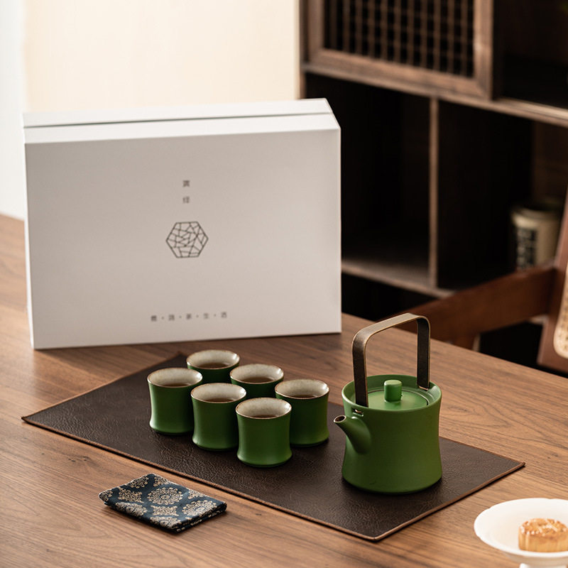 蕴华堂竹青釉一壶六杯茶整套茶具