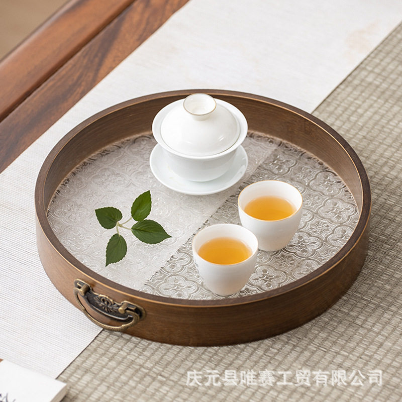 唯赛圆形竹木托盘亚克力水晶板盘