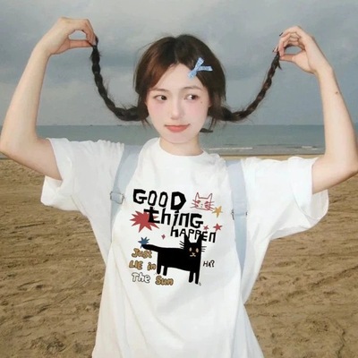 纯棉白色正肩短袖t恤女2025新款爆款设计感小众宽松美式半袖上衣