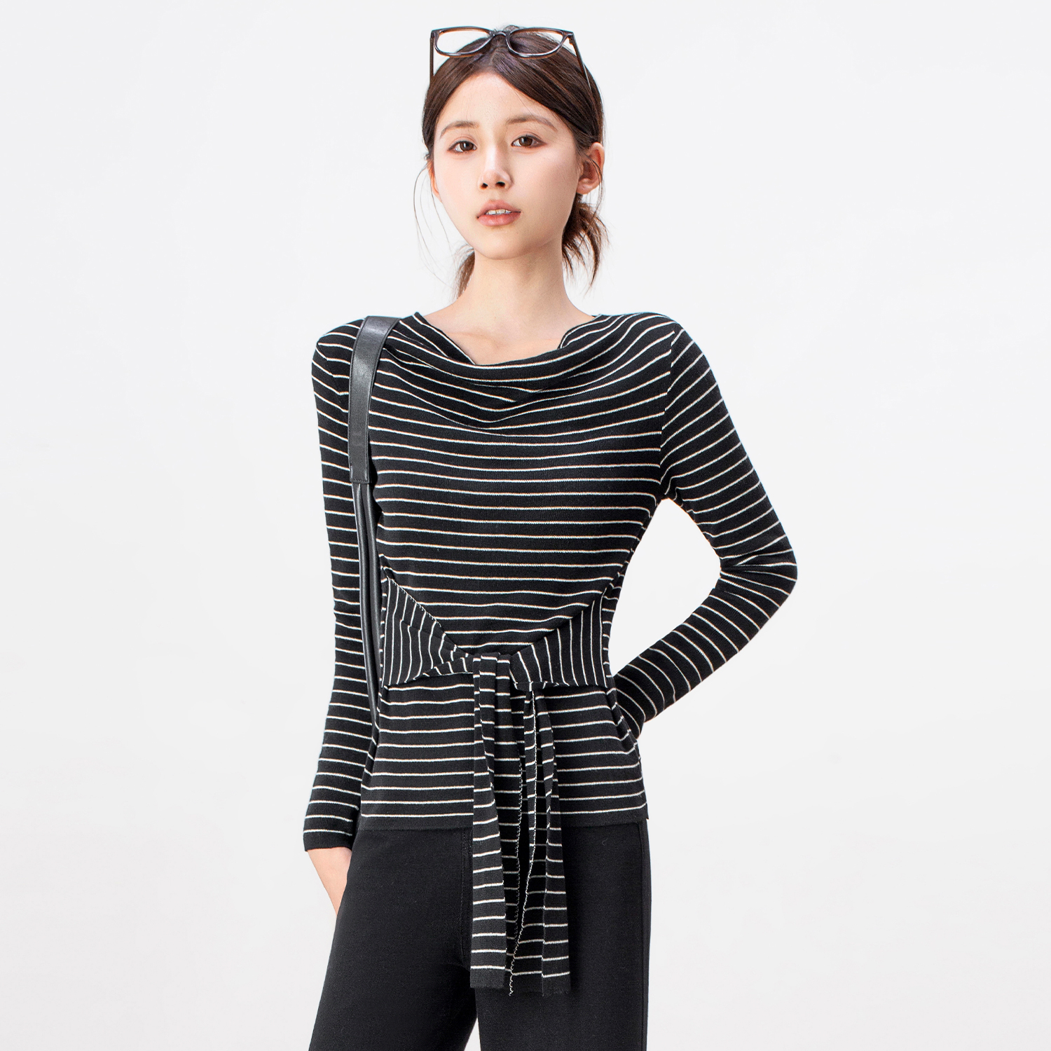 简约气质绑带条纹针织衫女秋季2025年新款长袖t恤显瘦百搭打底衫