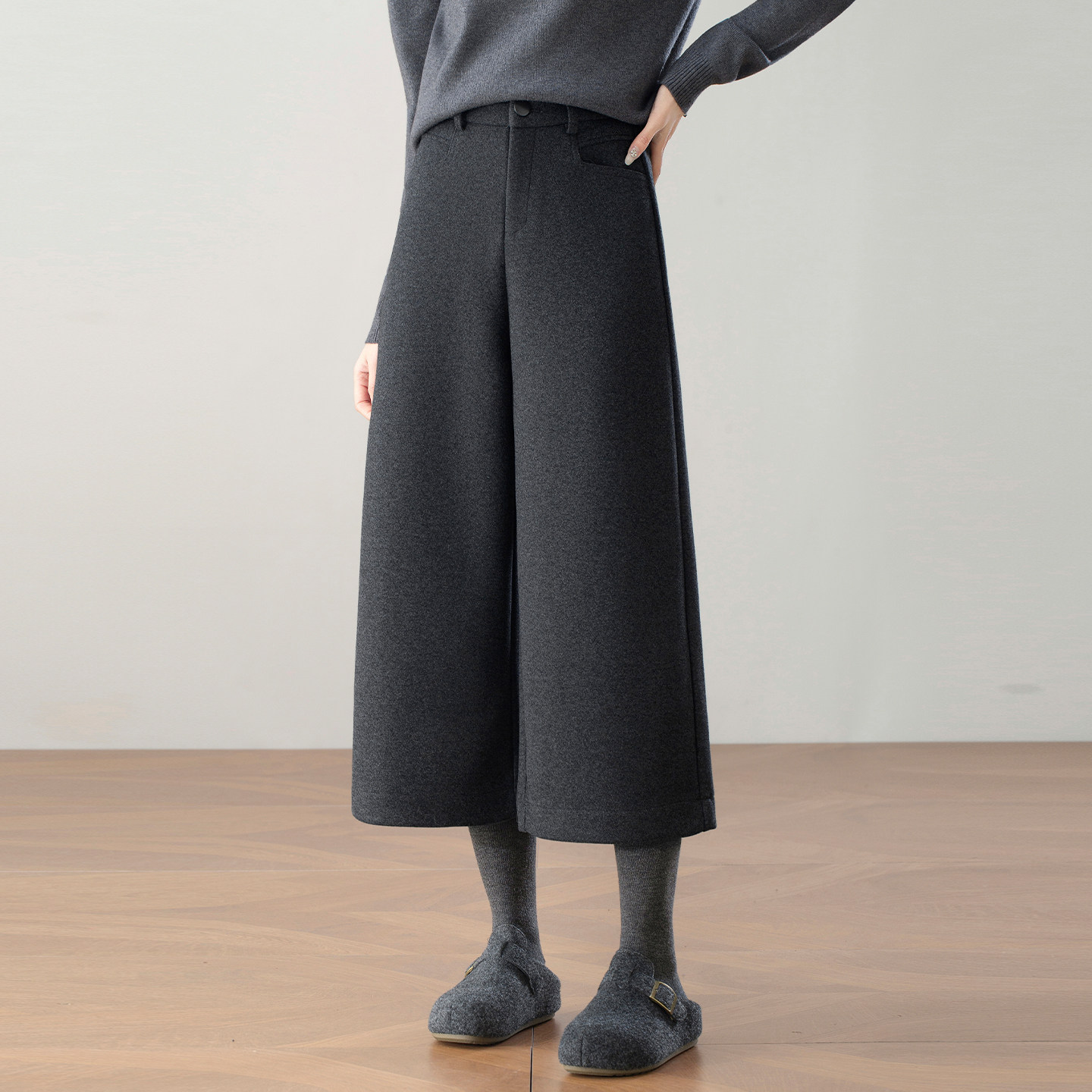 极简风高腰显瘦羊毛阔腿裤厚女冬季2025年新款宽松直筒八分休闲裤