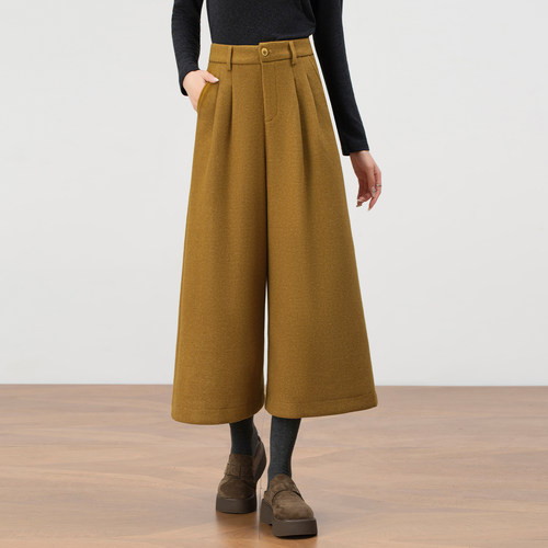 老钱风高腰毛呢大阔腿裤女冬季2025新款咖色小个子宽松休闲八分裤