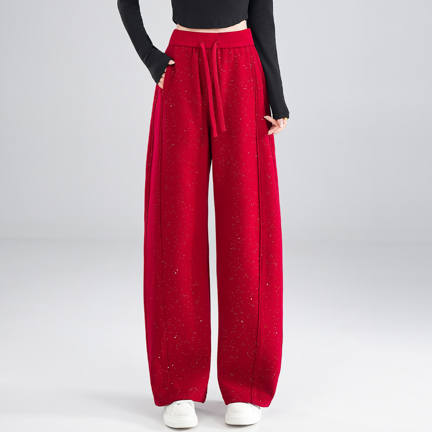红色亮片高腰弯刀裤休闲长裤女2026春季新款松紧腰抽绳垂感香蕉裤,女装/女士精品,休闲裤,淘宝优惠券,粉丝福利购,淘宝优惠卷