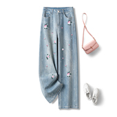 浅色高腰直筒休闲裤 清新花朵刺绣窄版 女2026春秋新款 牛仔裤 阔腿裤