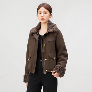 保暖短装 时尚 毛毛袖 2025新款 外套 咖色羊羔毛领派克服棉衣厚女冬季