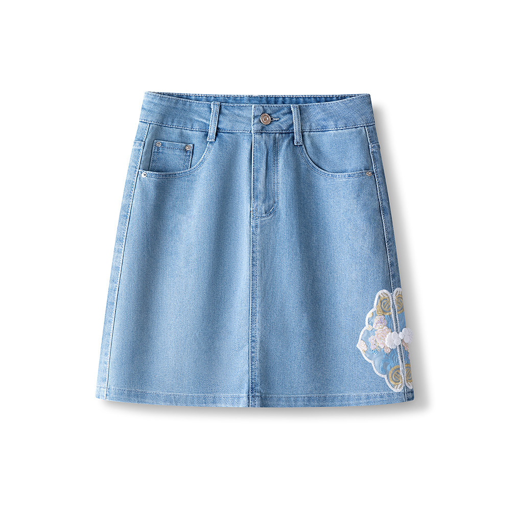 新中式国风刺绣牛仔短裙女款夏季2026新款薄包臀裙紧身性感直筒裙