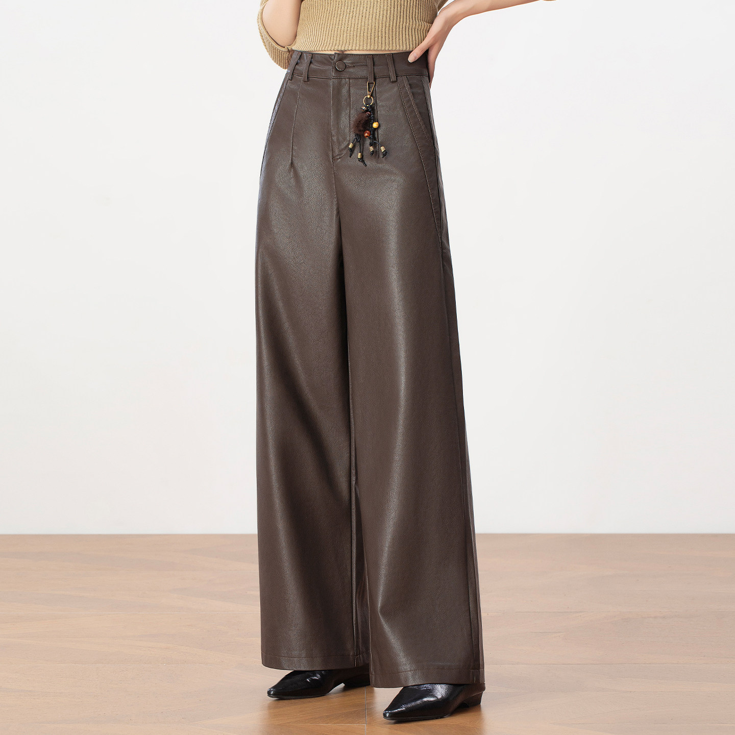 咖色皮裤女秋冬2025新款高腰显瘦宽松垂感直筒阔腿休闲pu皮长裤子