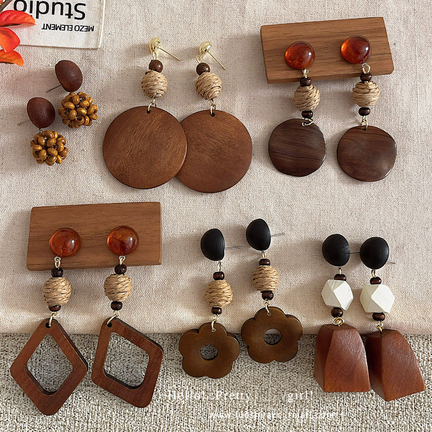 秋冬复古几何木质吊坠耳环高级感