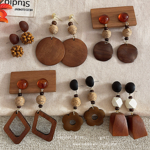 秋冬复古几何木质吊坠耳环女高级感轻奢耳钉新中式 百搭耳坠耳饰品