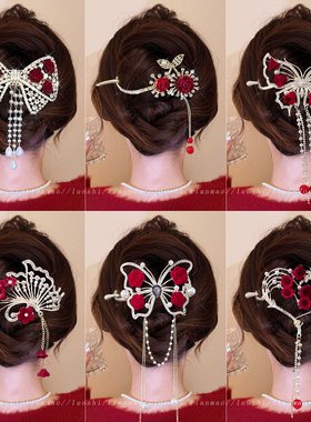 秋冬红色植绒花朵扭扭夹女后脑勺发夹2025新款高级感一字夹青蛙扣